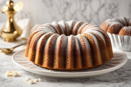 Plate with tasty bundt cake on white marble table, closeupの素材