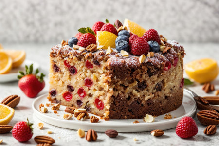 Delicious homemade cake with berries and nuts on a light background.の素材