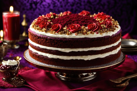 Red velvet cake with red roses on a dark background. Selective focus.の素材