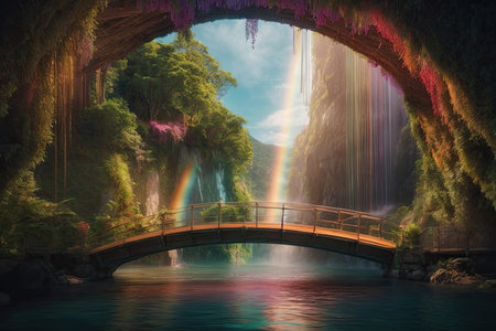 Rainbow over the bridge in the rainforest,3d renderの素材