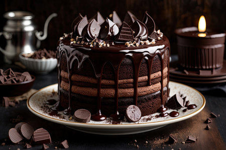 Chocolate cake with chocolate glaze on a dark background. Selective focus.の素材