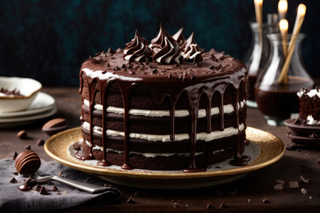 Chocolate cake with cream and chocolate glaze on a dark backgroundの素材