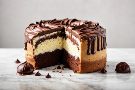 Chocolate cake with chocolate glaze on white marble table, copy spaceの素材