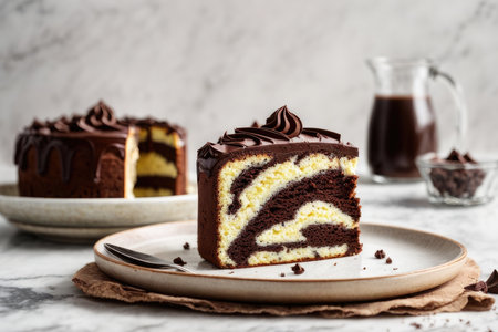 Sliced chocolate cake on a white marble background. Selective focus.の素材