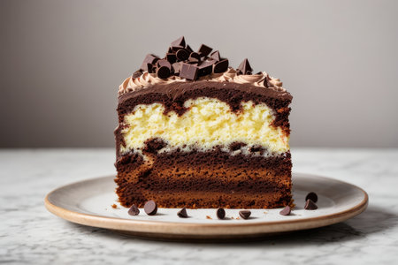 Chocolate cake with cream and chocolate chips on a white marble tableの素材