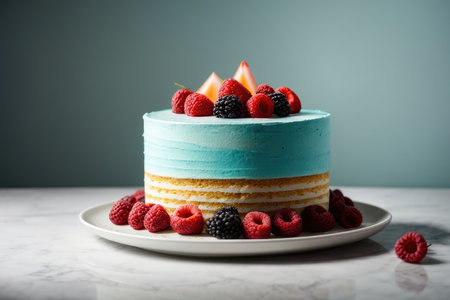 Birthday cake with fresh berries on white marble table and blue backgroundの素材