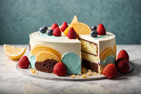 Piece of cake decorated with fresh berries on white marble table.の素材