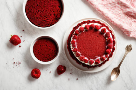 Chocolate cake with raspberries on a white marble background.の素材