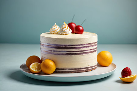 Lemon cake with cherries and whipped cream on a blue backgroundの素材