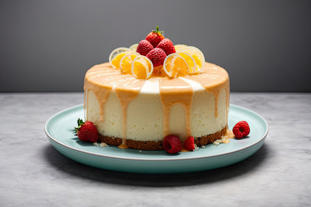 Cheesecake with cream and fresh berries on a gray background.の素材