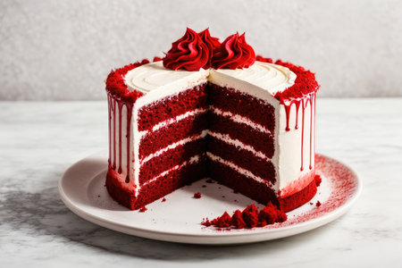 Red velvet cake on a white marble background. Copy space for your text.の素材
