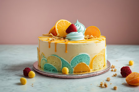 Cake with cream and fruits on a white background. Selective focus.の素材