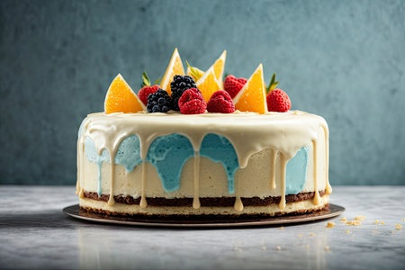 Delicious cake with fresh berries and orange on a grey background.の素材