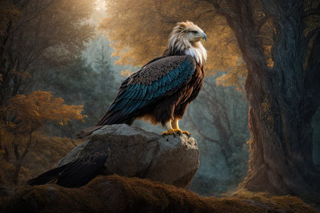 Bald Eagle (Haliaeetus leucocephalus) standing on a rock.の素材