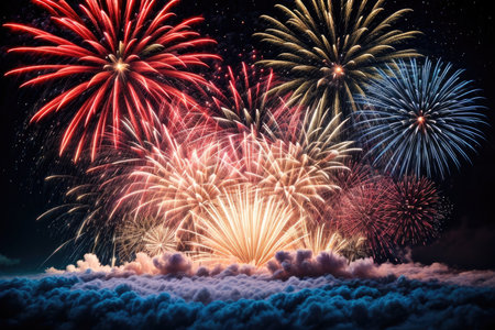 Colorful fireworks of various colors over night sky with clouds as backgroundの素材