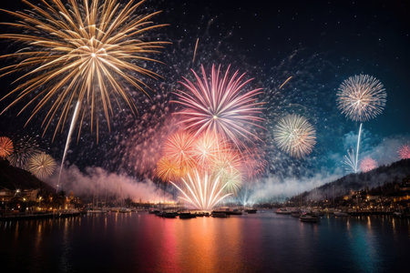 Colorful fireworks of various colors over lake Lucerne, Switzerlandの素材