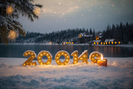 Happy New Year 2024. Festive decoration on a snowy lake at night.の素材