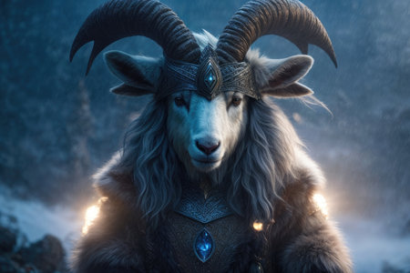 Fantasy portrait of a goat with horns in the snowy forest.の素材
