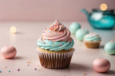 Cupcake with pink buttercream frosting and colorful sprinklesの素材