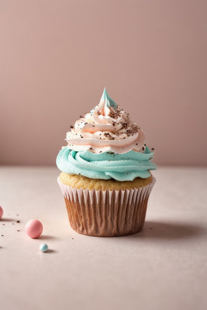Cupcake with buttercream frosting and sprinkles on pastel backgroundの素材