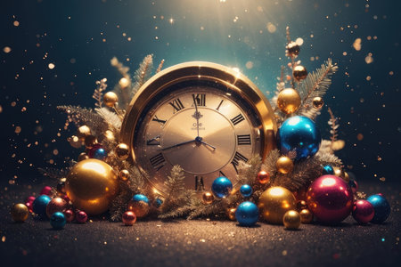 Vintage clock and christmas decoration on black background with copy spaceの素材