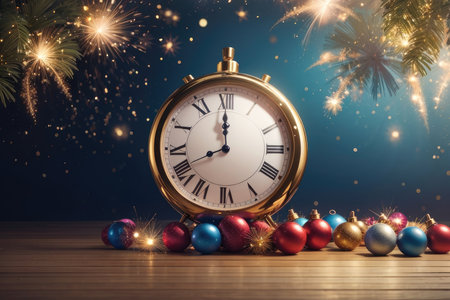 New Year and Christmas holiday background with golden alarm clock and christmas ballsの素材
