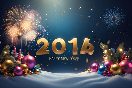 Happy New Year 2016 background with fireworks and christmas tree on snowの素材