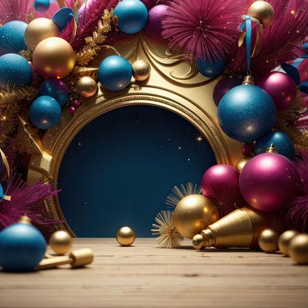 Christmas background with golden frame and baubles. 3d renderの素材