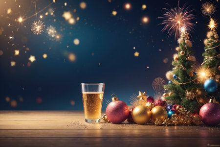 Glass of champagne and christmas tree on wooden table with bokeh backgroundの素材