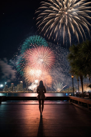 beautiful fireworks display in hongkong at night, asiaの素材