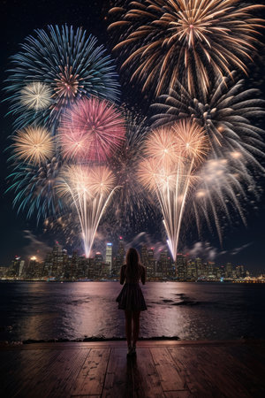 Woman looking at fireworks at Pattaya International Fireworks Festival, Thailandの素材
