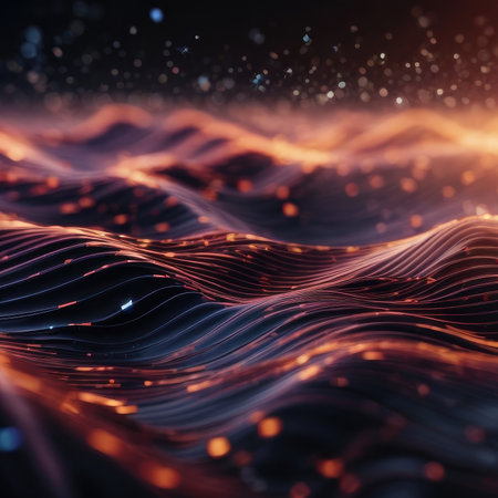 3d rendering of abstract background with blurred waves and bokeh lightsの素材