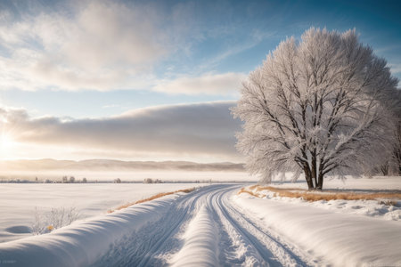 Winter landscape with road and trees covered with hoarfrost at sunsetの素材