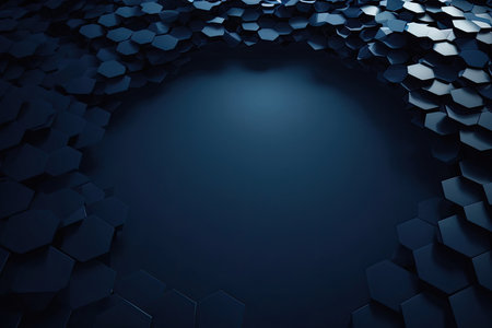 Dark blue hexagon background with glowing center. 3d render illustrationの素材