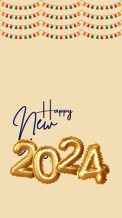 Happy New Year 2024. Vector greeting card with golden numbers and garlands.の素材