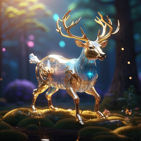 3d render of golden reindeer in the forest at nightの素材