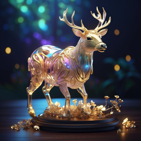 3d rendering golden reindeer on dark background with bokehの素材