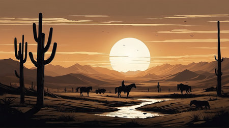 Illustration of a desert landscape with horses and cacti at sunsetの素材