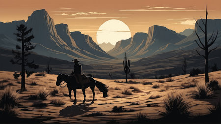 Western cowboy on horseback in the desert at sunset, vector illustrationの素材