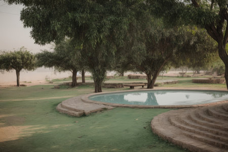 Swimming pool in the park with trees and green grass - vintage filterの素材