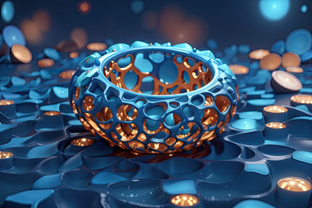 3d illustration of abstract geometric composition with glowing spheres in blue lightの素材
