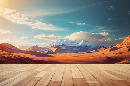 Wooden floor against mountains and blue sky with clouds. 3d renderingの素材