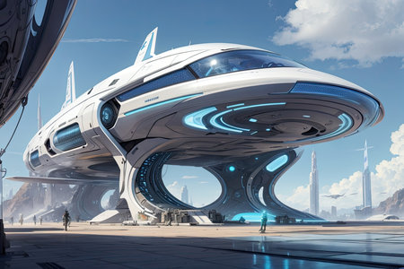 Futuristic spaceship in futuristic city. 3D Rendering.の素材