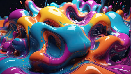 3d render, abstract background with colorful paint splashes and wavesの素材