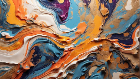 Abstract background of acrylic paint in blue, orange and white colors.の素材