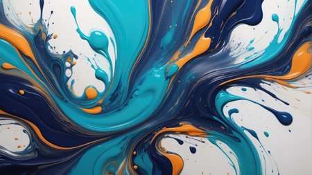 Blue and orange paint mixing in water. Abstract background for design.の素材