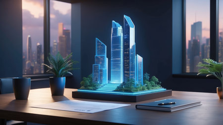 3d rendering of a skyscraper on a table in a modern officeの素材