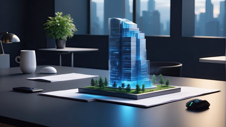3d render of modern office with skyscrapers on the tableの素材