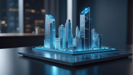Futuristic city hologram on the table. 3d renderingの素材
