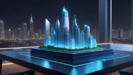 3D rendering of a hologram of a city in the foregroundの素材